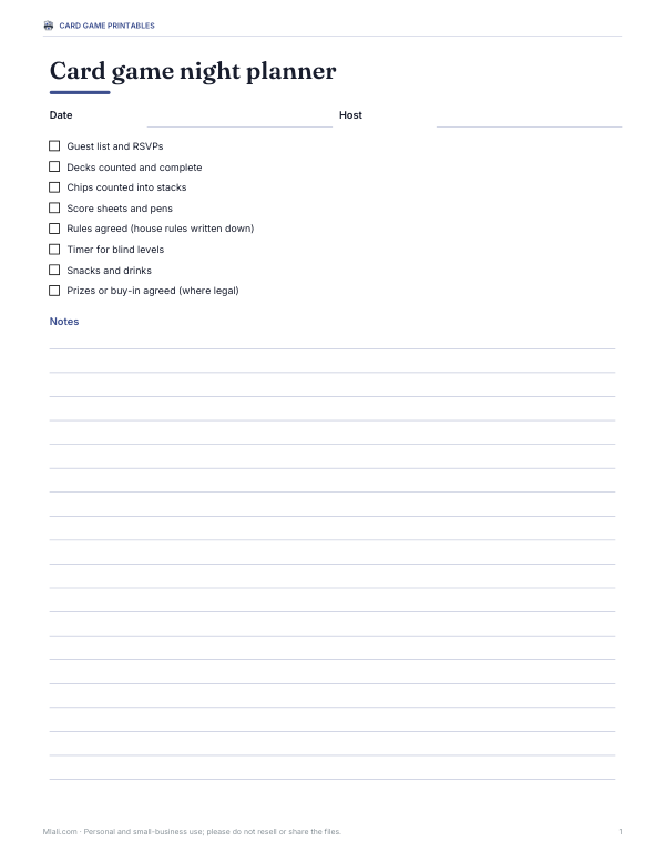 Preview of Printable Card Game Night Planner