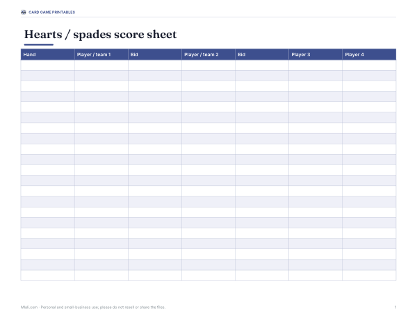 Preview of Printable Hearts and Spades Score Sheet