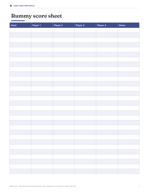 Preview of Printable Rummy Score Sheet